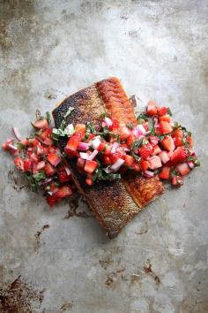 crispy salmon with strawberry basil salsa.