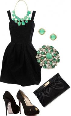 Teal looks great with black I would like this dress with to be longer in length and I would definitely wear different shoes!
