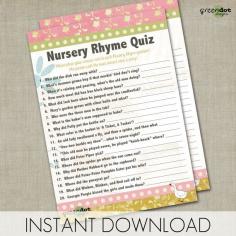 INSTANT DOWNLOAD nursery rhyme quiz, baby shower game, printable, game card, pink, yellow, green, baby girl, mother goose