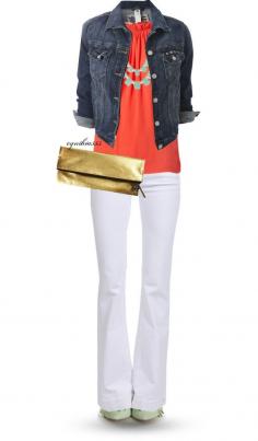 CAbi inspiration Jean Jacket, Bright Top, and white Jeans