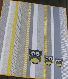 quilt cot crib baby nursery handmade grey yellow owls modern boy girl gift decor. $135.00, via Etsy.