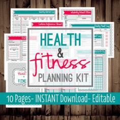 Health and Fitness Planning Kit-Fitness Planner-Diet-Weight Loss Tracker-10 Sheets-Chevron-INSTANT DOWNLOAD & EDITABLE