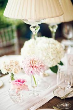 another option for table florals - lush large blooms in bud vases