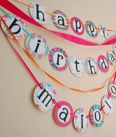 custom HAPPY BIRTHDAY BANNER with name--hot pink, yellow, orange, aqua. $30.00, via Etsy.