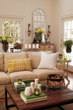 Earthy & Neutral Living Room. I love the pops of yellow and green, as well as the various textures! #dream living room