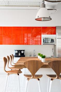 A Divine Dining Room. Wood table, orange lacquer. BHDM Design