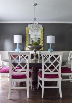 White chairs, dark wood table, dining room