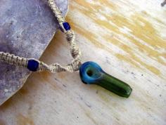 Blue Glass Pipe Pendant on Hemp Necklace