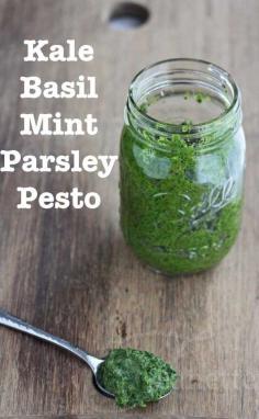 Kale Basil Mint Parsley Pesto © Jeanette's Healthy Living #pesto #summer #CSA #recipe