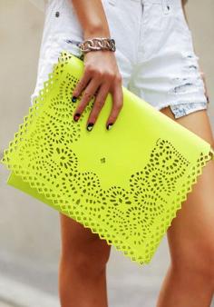 Eyelet Flap Clutch- Neon Yellow