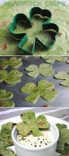 For St. Patrick's Day - Baked Shamrock Chips Recipe ~ using a spinach tortilla... link to recipe on that page