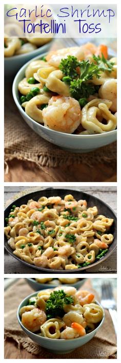 Garlic Shrimp Tortellini Toss ~ Amazing Meal Ready on the table in 20 Minutes! Loaded with Peas, Cheese Tortellini  Shrimp!