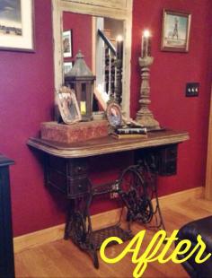 Repurposed antique Singer sewing machine with concrete table top