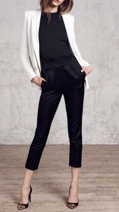 More black and white for ya.  Simple chic with a slight turn up in volume with a silk cropped trouser instead of a duller material.