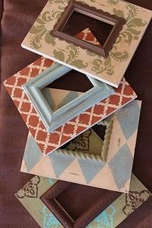 DIY picture frames... glue a smaller painted frame onto a large flat frame that has been covered with scrapbook paper and then mod podged to protect it.  Awesome looking one-of-a-kind frames that would make sweet gifts for family and friends.