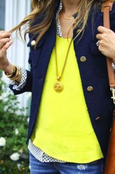 Navy blazer   polka dots   neon yellow = oh-so-nautical and #PerfectlyPreppy ! #Nautical // Barksdale Blessings Blog