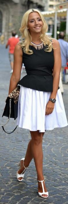 White A-line skirt w/t-strap sandals