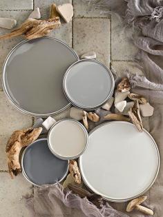 Warm Gray Paint Colors - Top left: Benjamin Moore Winter Gates AC-30; top right Ace Hardware Coastal Pleasure 5048; middle True Value Paint Promotion 10D3; bottom left Glidden Seal Gray GLN46; bottom right Behr Silver Drop 790C2.