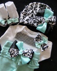 NEWBORN baby girl take home outfit shirt pants socks beanie hat MINT damask rhinestone on Etsy, $50.00