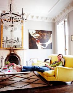 13 Celebs Who Know How to Use Color // Jenna Lyons, yellow sofa, Beni Ourain, fireplace, gold mirror