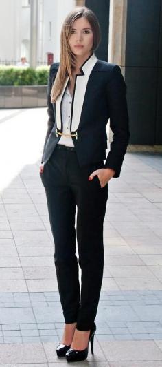 Modern Tux - Black skinny slacks & white button front blouse & B&W tux blazer with gold chain