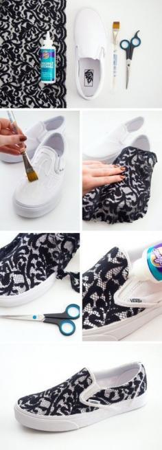 Turn an old pair of shoes into something new and unique with a little bit of lace and creativity!  :: DIY projects:: Lace shoes DIY