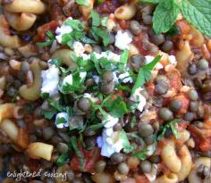 Koshari {Egyptian chili - healthy and really good!} - 1 cup dried brown lentils, 1 cup macaroni, 1 cup garbanzo beans, 2 cups brown rice, 1 Tbsp. cumin, 1/4 tsp. cayenne, 1 can diced tomatoes, 2 Tbsp. lime juice, 2 Tbsp. balsamic vinegar, minced garlic, cilantro, feta