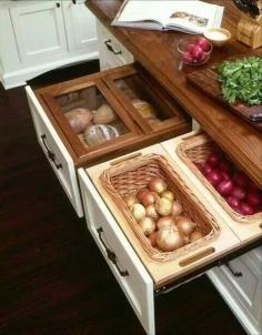 Kitchen drawers for onions and potatoes... Interesting; might save floor space, would depend on how much lower cupboard space I would be willing to give up in the kitchen - maybe a good idea for the pantry?