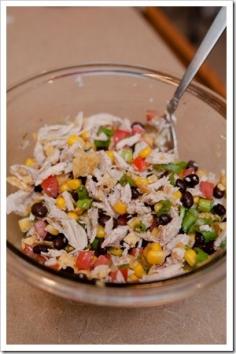 Staple to-go lunch: Chicken, black bean, corn, salsa, & avocado salad. Make into a lettuce wrap.