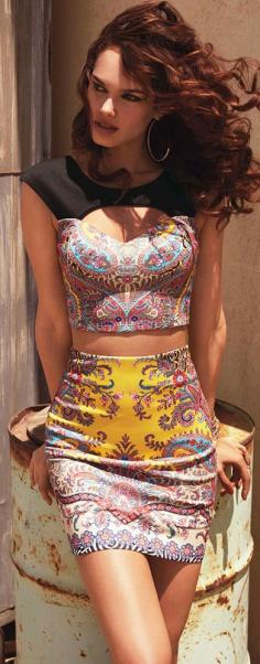 Bebe Summer 2014~not crazy about the "paisley print", if that's what it's called, but I LOVE the design of the top  high waisted skirt!