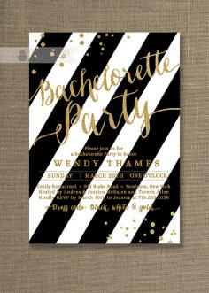 Gold & Black Bachelorette Party Invitation Gold Glitter Black and White Stripes Modern Bridal Shower DIY Digital or Printed - Wendy Style