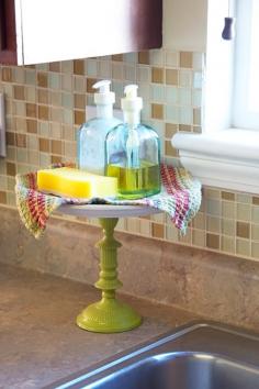 Cake stand for your sink soaps and scrubs!  So much cuter than just putting this stuff behind the faucet.