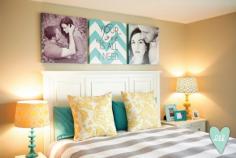 Wonderful Bedroom color tones, yellow, gray, turquoise, white. And fun display above bed with chevron canvas and photos. (these are my bedroom colors!) #BedroomColors #WallDecor