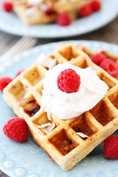 Coconut Raspberry Waffles with Coconut Whipped Cream Recipe on twopeasandtheirpo... A wonderful breakfast treat!
