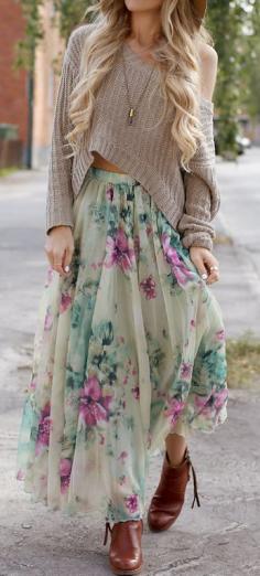 cropped sweater and maxi skirt Teen fashion Teen fashion Cute Dress! Clothes Casual Outift for • teenes • movies • girls • women •. summer • fall • spring • winter • outfit ideas • dates • school • parties mint cute sexy ethnic skirt