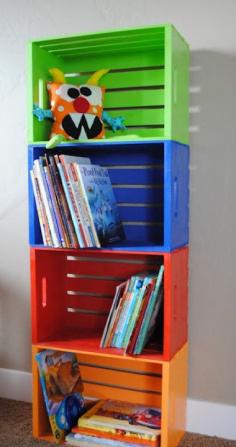 Children's Bookshelf-unfinished wood crates, painted, turned into a bookshelf!