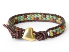 Hipster leather wrap bracelet in earthy fall colors, artisan handmade heart button, jewelry gift idea on Etsy, $25.36