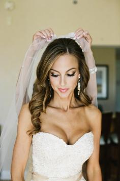 Bride Hair and Make up, curled down, side part with veil. Classic Glam. Scottsdale Country Glam Barn Wedding | Ashley Gain Weddings