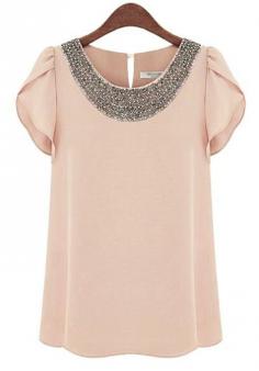 Pink Plain Beading Lotus Sleeve Loose Chiffon Blouse