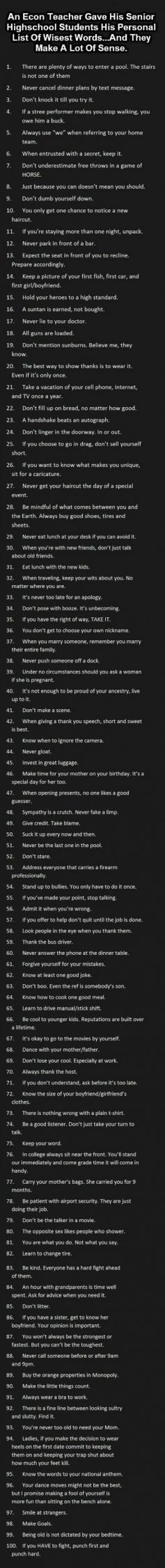 An Econ Teacher Gave His Senior High School Students His Personal List Of Wisest Words