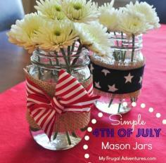 Super simple burlap mason jars- perfect for 4th of July!  Holds candles, flowers, utensils, glow sticks and more...