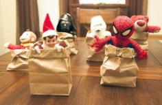 Elf and stuffed animals sack race