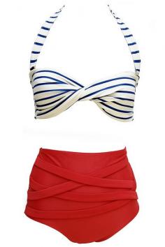 Retro styled bathing suit - blue & white striped top with high waisted red bottoms from Soak Swimwear