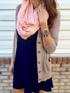 Dress with a boyfriend cardigan and scarf