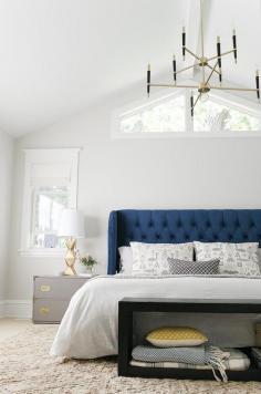 simple and classic, navy tufted headboard, white bedding