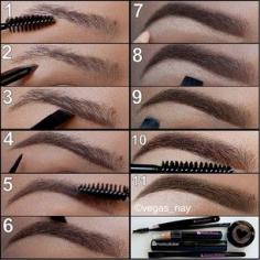 1.) I brushed brows 2.) plucked my brows clean 3.) draw a line w/ angle brush & follow hair line 4.) draw in tail by drawing out corner and draw down to define arch 5.) then brush brow w/ spooly to soften powder 6.) draw top brow to define & turn down using angle brush to define arch again 7.) draw highlighter underneath brow & follow shape of brow 8-9.) take highlighter smudge brush and fan up to the bottom of brow and blend across & down 10.) set the look with the brow gel and you're done!