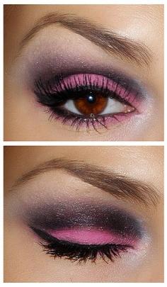 Pink and dark plum eyeshadow with black liner inside the rim. Gorgeous!