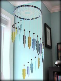 Dream Catcher Mobile - paint swatch mobile - paint chip mobile - feather mobile - modern - blue, turquoise, green - vegan. $100.00, via Etsy.