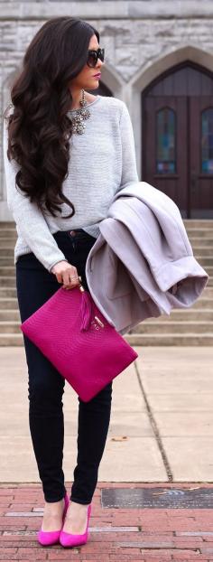 Dark denim, grey sweater, crystal statement necklace, pop of color shoes