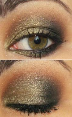 I'm normally more of a natural color girl, but I love this olive eyeshadow with her hazel/green eyes! Like mine! =)